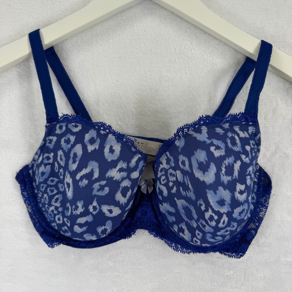 Victoria's Secret Dream Angels Lined Demi Bra 34D Blue Leopard Lace Bow
